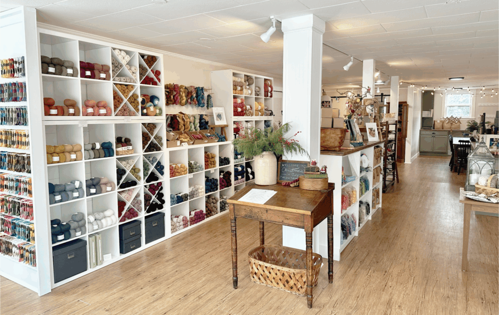 A store with shelves of fabric